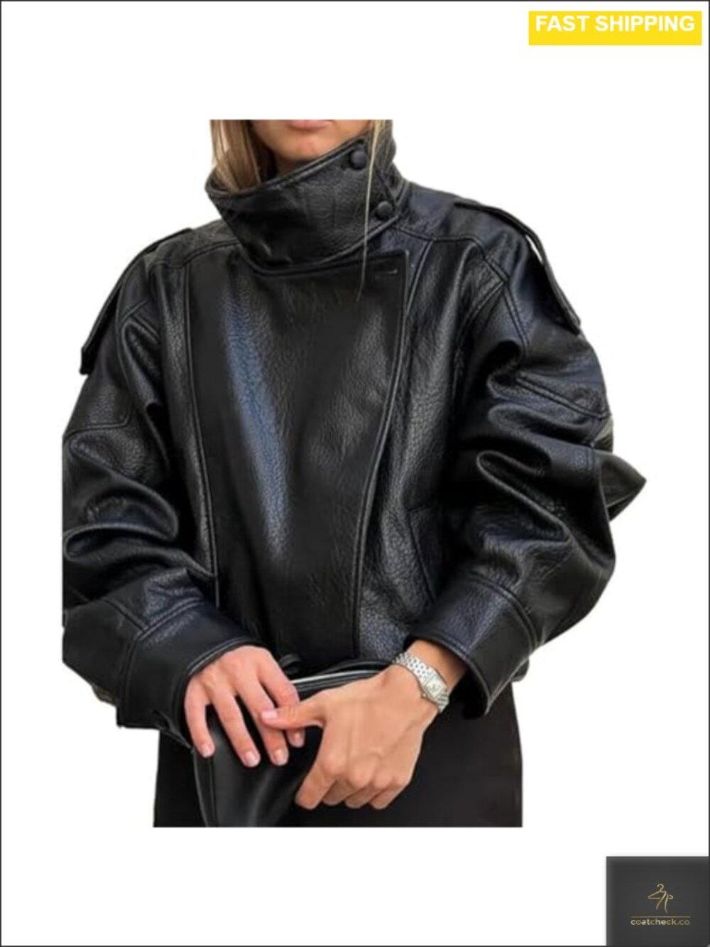 Faux Leather Jacket Women Funnel Neck Oversized Winter Biker Jacket
